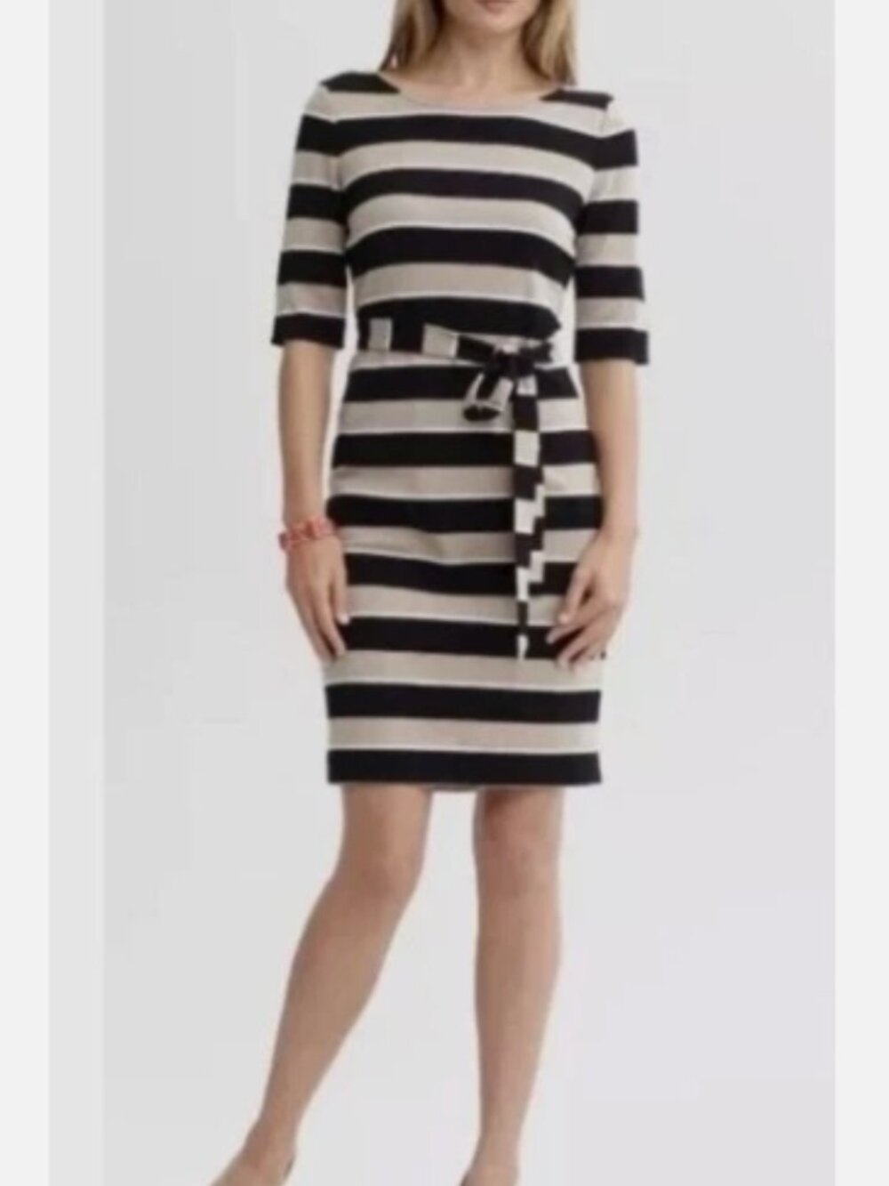 Banana Republic Sz L Straight Dress Black Tan Ivory Stripe Belted Elbow Sleeves